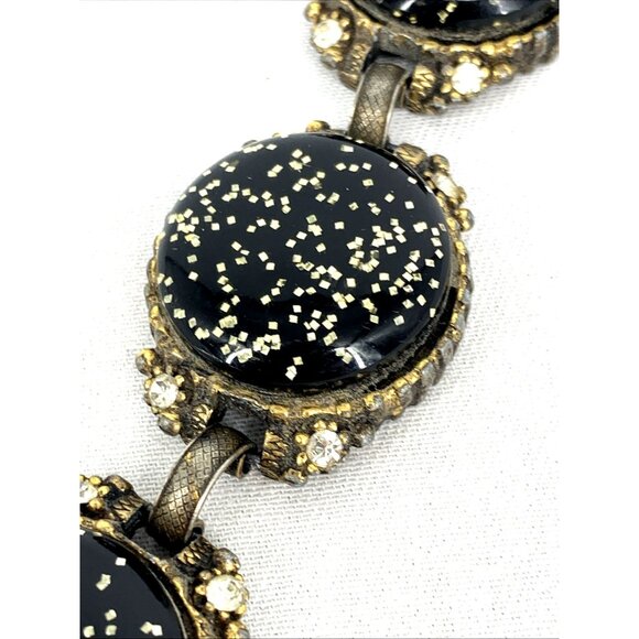 Confetti Lucite Bracelet and Clip on Earrings Black Gold 8.5" Vtg Unsigned - Picture 8 of 8